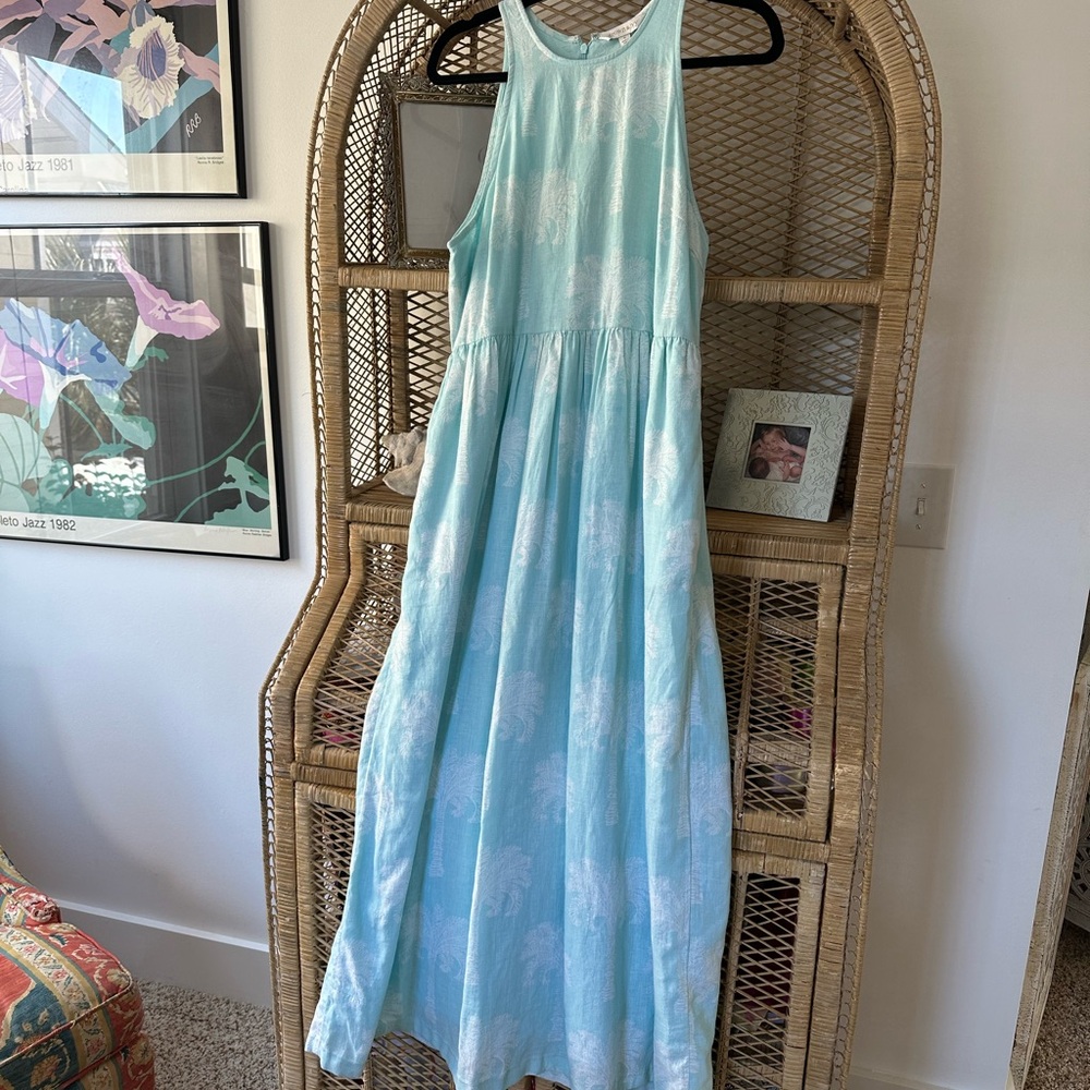 Crown & Ivy Light Blue Linen Maxi Dress with Palm Trees